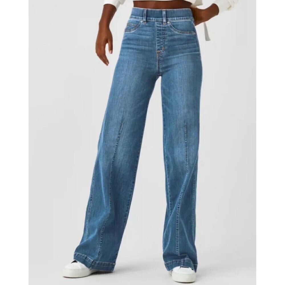Spanx Seamed Front Wide Leg Jeans 20407R Vintage Indigo PullOn Pants Women Large